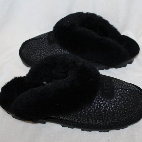 NIB UGG WOMEN'S COQUETTE SPARKLE SPOT SHEARLING SUEDE SLIPPERS BLACK - Picture 6 of 7